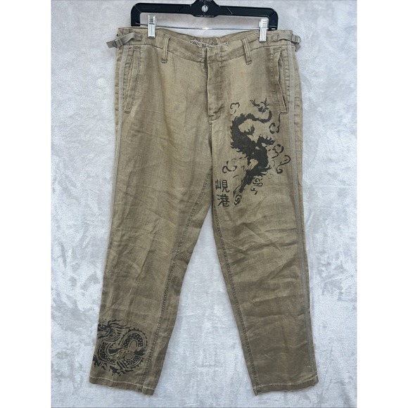 Da Nang Pants Women's M Linen Asian Dragon Relaxed Fit Green Button Fly Y2k‎ - Picture 1 of 10